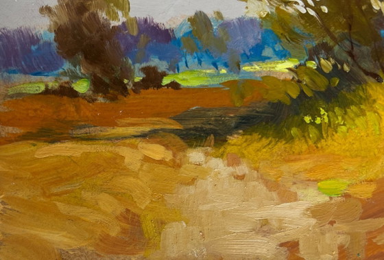 Image 1 of Original Oil Painting Autumn Field Landscape The Road to the Golden Fields