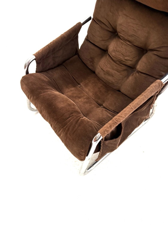 Vintage buisframe fauteuil, Gillie Lundgren, Ikea ‘70, Chroom, Textiel, Bruin (foto 9 van 10)