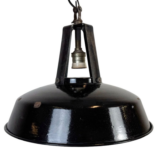 Lámpara colgante industrial francesa de esmalte negro de MAZDA, años 60