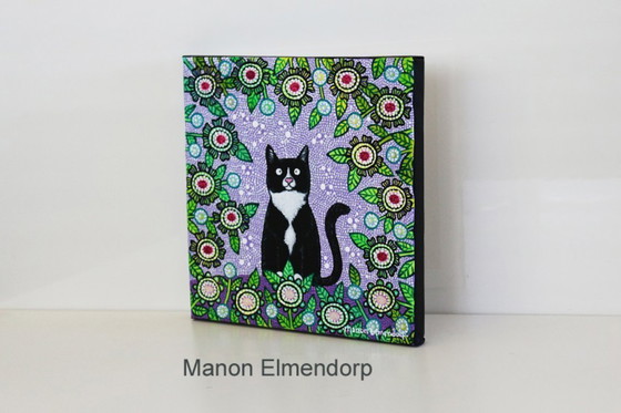 Image 1 of Uniek Handgeschilderd Schilderijtje Kat Nieuw 20x20 cm