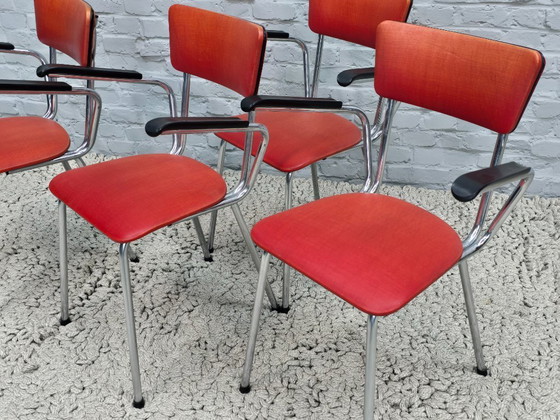 Image 1 of Set of 4 Vintage Design Chromed Frame Kitchen Chairs with Red Leatherette Upholstery. The Netherlands, 1960s