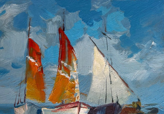 Image 1 of Peinture à l'huile originale représentant un paysage marin bleu « En voyage en mer »