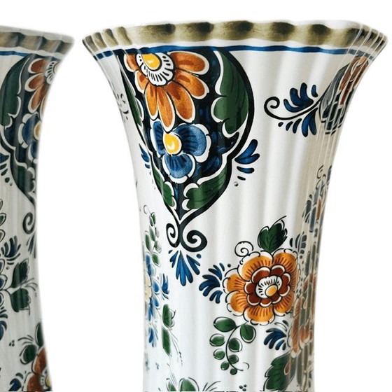 Image 1 of Vintage set of Delft Polychrome Dutch Handmade vases with floral motif, 1960s