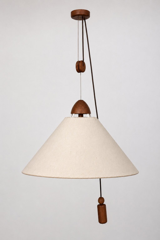 Lampada a sospensione vintage DOMUS 2435 Rise & Fall – Legno e tessuto – Design tedesco di metà secolo – hanglampen, Wood