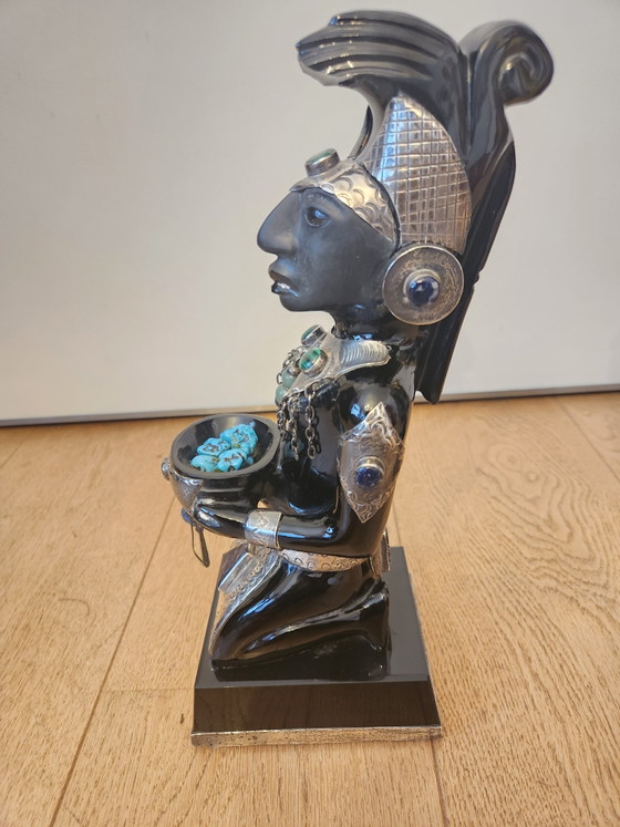 Image 1 of 2 large Mexican sculptures – Solid Obsidian & Alpaca/Silver with Turquoise inlay – 35 cm – Monumental weight: 8.8 kg!