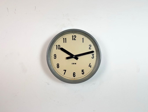 Grey Industrial Factory Wall Clock from IBM, 1950s
