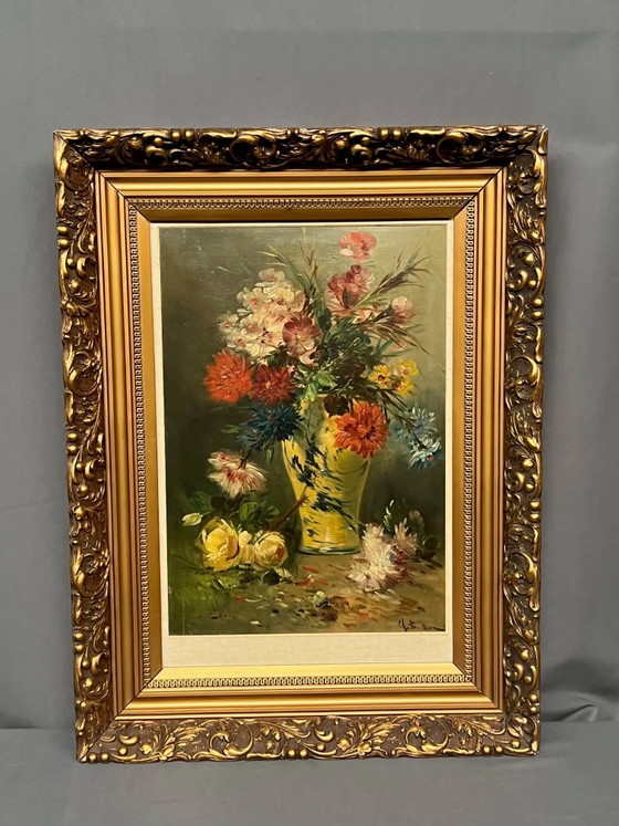 Stilleven met bloemen. Olieverf op doek. Gesigneerd door de kunstenaar. – Schilderijen & Tekeningen, Canvas (photo 8 of 8)