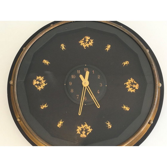 Image 1 of Round black and gold vintage wall clock, 1950