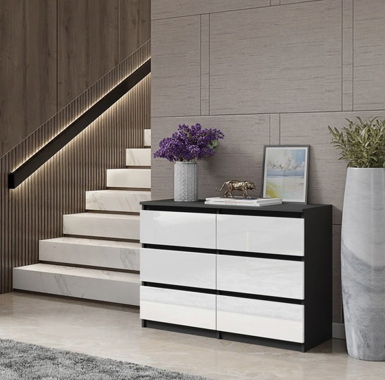 Neuf | Commode moderne à 6 tiroirs | Anthracite | Chêne Wotan – belform, Mdf (photo 3 of 4)