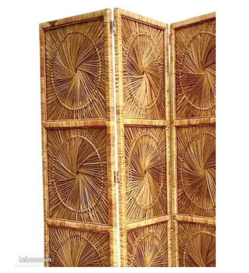 Dreiteiliger Faltparavent aus Rattan und Holz