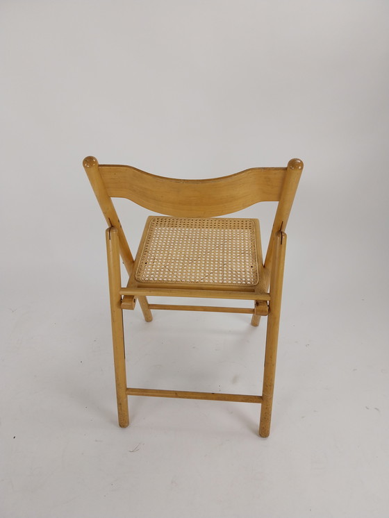 Image 1 of 4 x Mid - Century folding chairs in beech with rattan webbing seat
