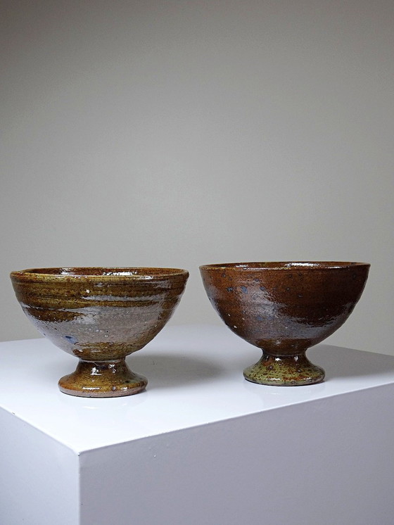 Image 1 of Pair of vintage pyrity stoneware footed bowls in the Baudat La Borne style from the 60s and 70s