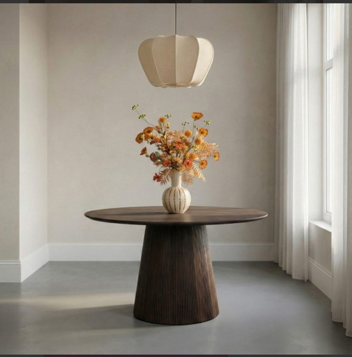 Japandi Esstisch rund Mangoholz dunkelbraun 150 cm