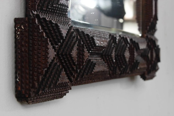 Antique Tramp Art wall mirror brutalism chip carving 1900 – Wood, Brutalist (photo 7 of 17)