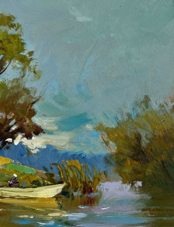 Image 1 of Original Oil Painting Summer River Landscape Boat ride on the river