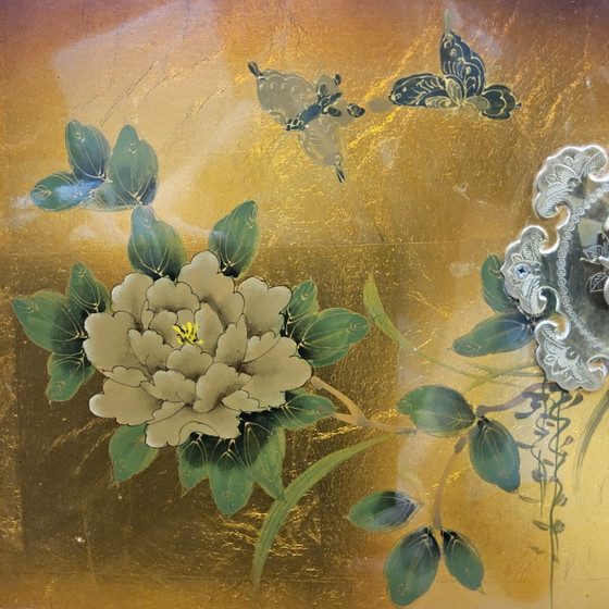 Image 1 of Vintage Chinese Kast Bladgoud Bloemen en Vogels (Barkast) Bohemian Kast / Oosterse Kast