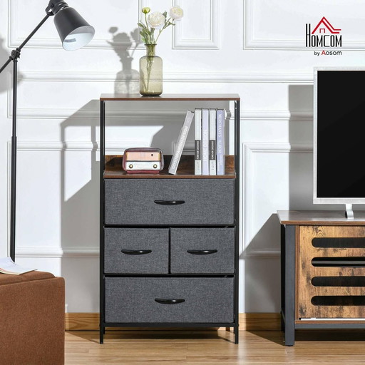 HOMCOM Commode Chambre Meuble de Rangement Commode 4 tiroirs en Tissu Pliables et Amovibles avec étagères Ouvertes et Cadre en m