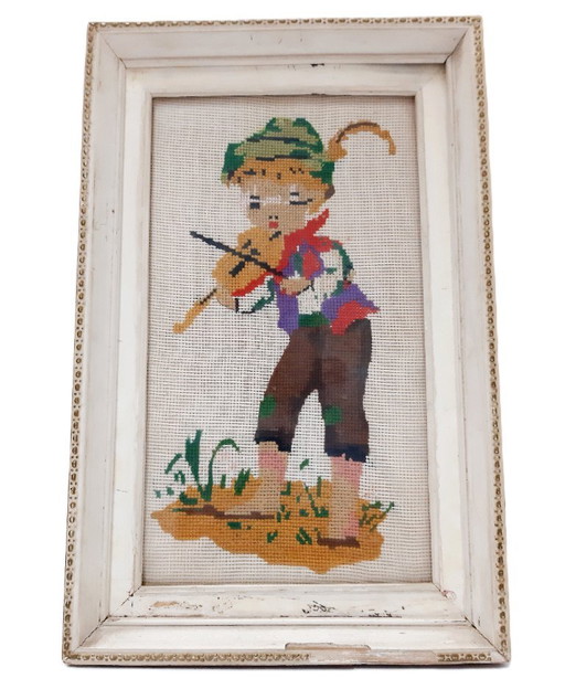 Vintage embroidered tapestry gobelin, framed, under glass, violinist