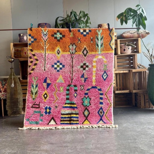 Handmade Moroccan Wool Rug 150x190 cm – Colorful Abstract Berber Carpet – Pink & Orange Modern Boho Decor 