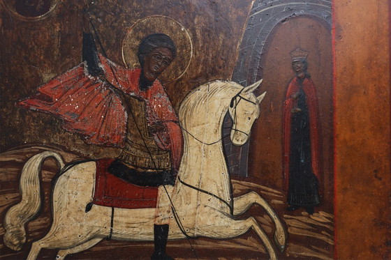 Image 1 of Icono religioso ruso del siglo XIX de San Jorge y el dragón, pintado a mano sobre madera.