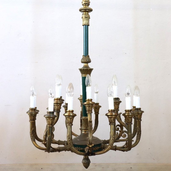 Chandelier in Gilded Bronze and Green Lacquered Metal 18 Bulbs, Italy Early 20th Century (photo 5 of 18)
