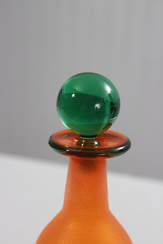 Image 1 of Franco Moretti in Murano - Scavo orange & green carafe bottle Italy 1980s