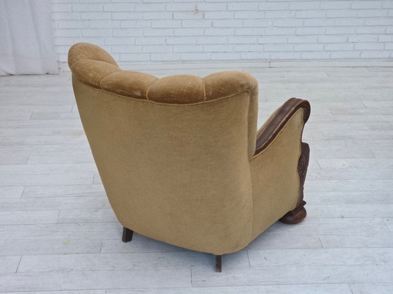 Image 1 of 1960s, Danish relax chair, original green furniture velour, carved oak wood.