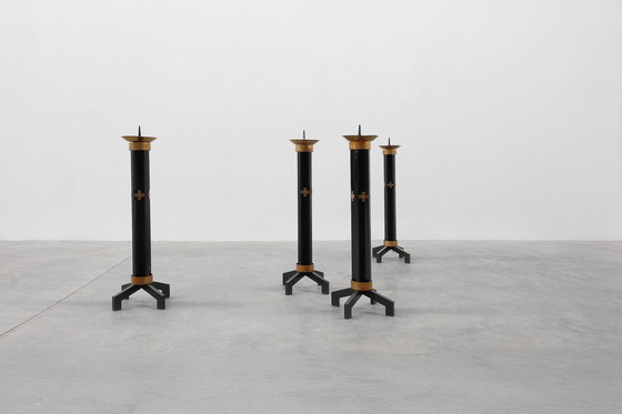 Image 1 of Rare set of 4 very large church candle sticks in black metal and copper, 1960s