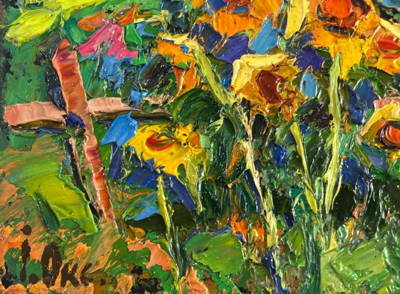 Image 1 of Original Oil Painting Summer Flowers Landscape The sun in every sunflower