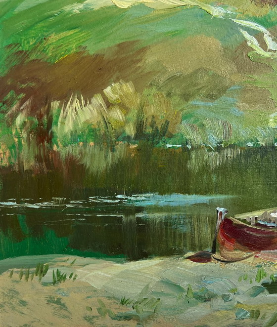 Image 1 of Pintura al óleo original Paisaje fluvial costero Río cerca del pueblo