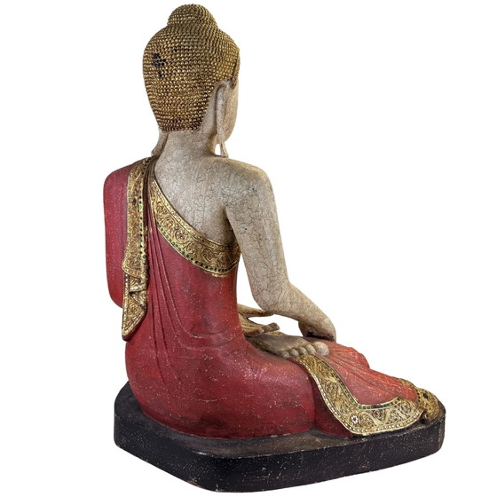 Grote Birmaanse Mandalay Boeddha met Gouden Decoratie – circa 1970 – 87 cm – Beeldhouwkunst, Glass (photo 10 of 11)