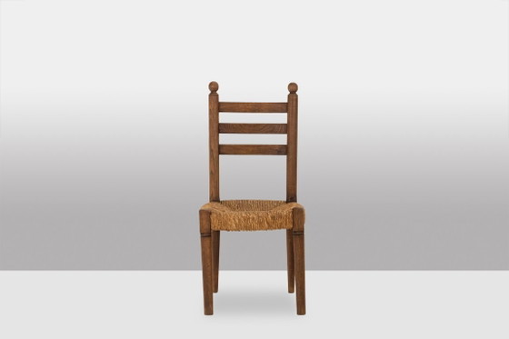 Image 1 of Set of 8 oak straw-seated chairs. 1950s.