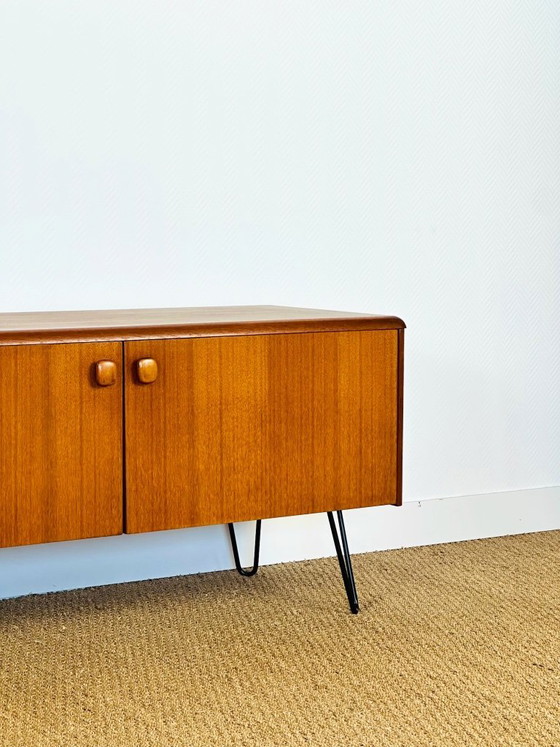 Image 1 of Low Scandinavian teak sideboard with 4 doors and hairpin metal legs, 1960