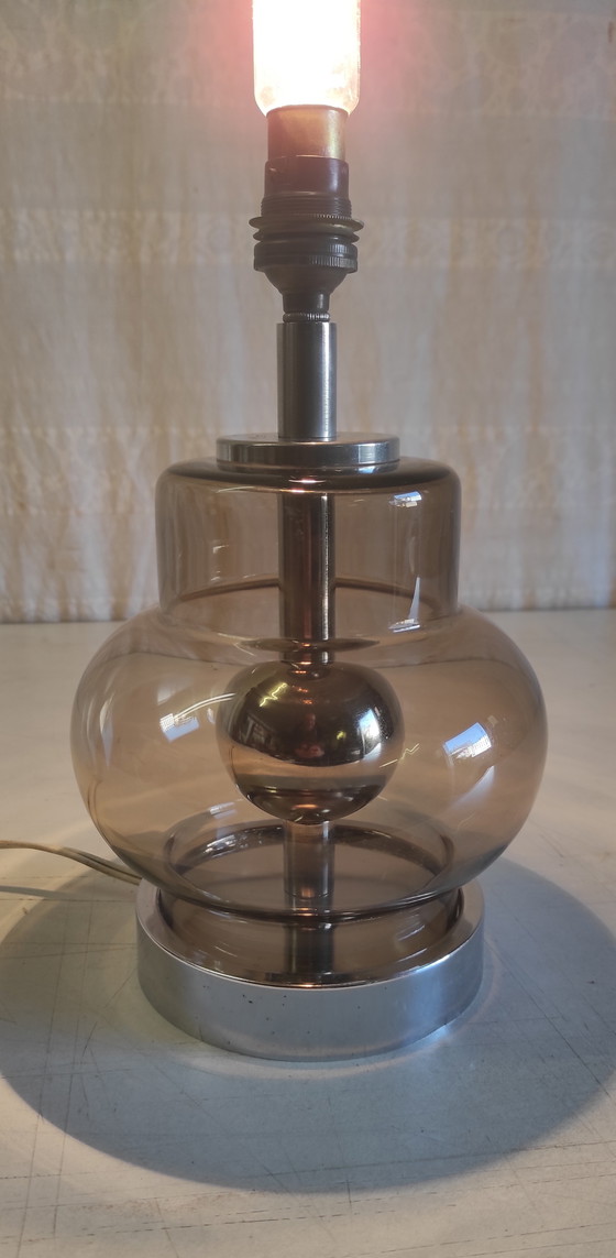 Image 1 of Space Age table lamp base in chromed metal and smoked glass - 1970s