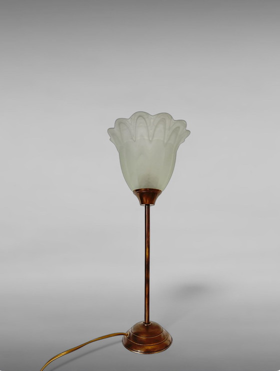 Image 1 of Klassieke Vintage Tafellamp Messing Glas Lamp