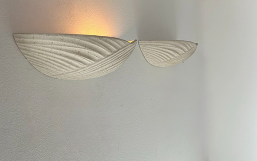 Paire d’appliques vintage en plâtre beige moucheté, France 1970