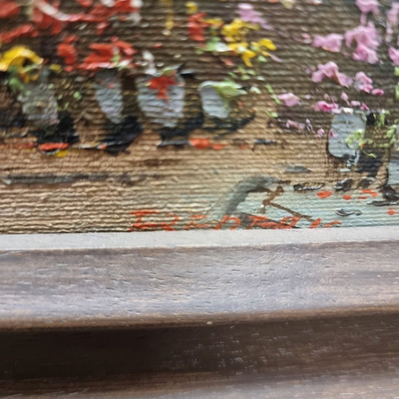 Image 1 of Peinture à l'huile vintage avec le marché aux fleurs de Paris Frederic, 20ème siècle