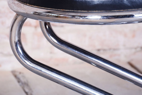 Restored Bauhaus Stool, Chrome-Plated Steel, Leatherette, Geman, 1950s – Metal (photo 5 of 7)