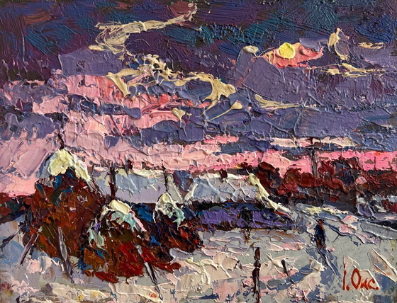 Image 1 of Original Oil Painting Evening Village Landscape Pink winter evening