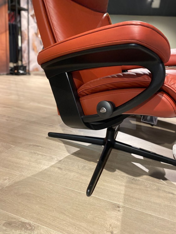 Stressless Aura M recliner with footstool, Adjustable recliner chair, Leather, Metal, Brown, Modern (photo 9 of 10)