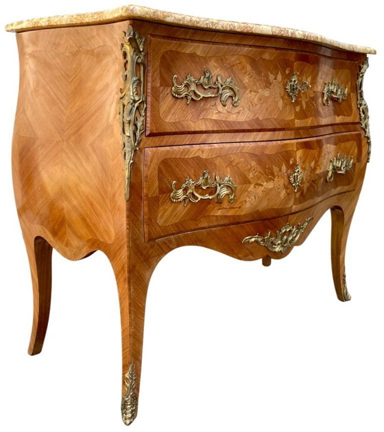 Image 1 of Louis XV style chest of drawers in marquetry and veined marble