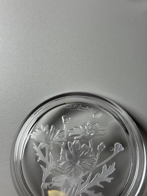 Image 1 of Coffret de 6 sous-verres en cristal Val Saint Lambert « Fleurs » – Motifs floraux – Style années 1950 – En boîte