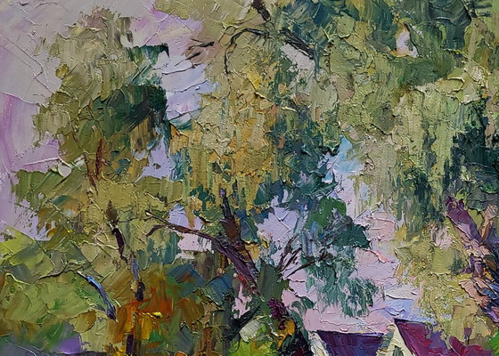 Original Oil Painting Rural Landscape Village Street Willows Near The Yard – Paintings & Drawings, Canvas (photo 4 of 7)