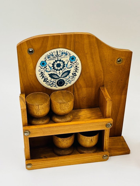 Image 1 of Wooden wall-mounted egg cup holder and utensil holder