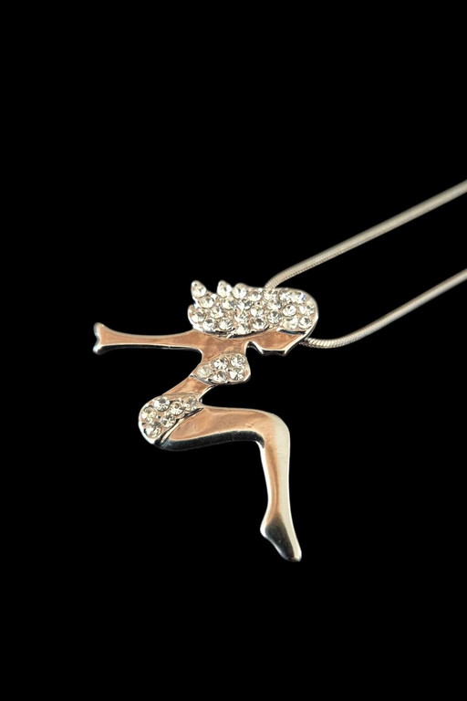 Pendentif playgirl en cristal de roche plaqué or blanc 18kt avec chaîne
