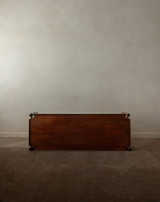 Image 1 of Vintage Teak Coffee Table, Mid Century Modern, Tray-Top Form, Sculptural Arched Stretchers, 1960s