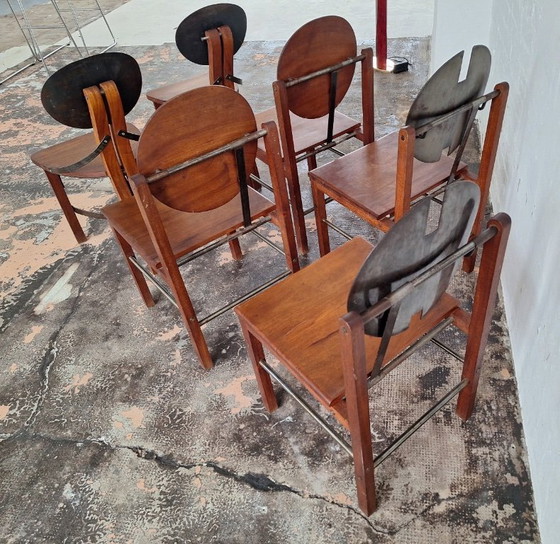 Image 1 of Set di 6 sedie da pranzo brutaliste in teak e acciaio di metà secolo, anni '60