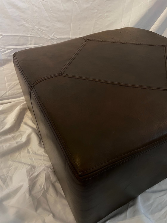 Vintage dark brown leather pouf, geometric stitching, Footstools & poufs (photo 4 of 6)