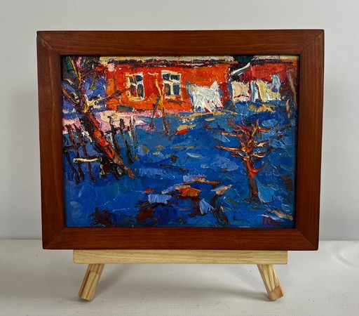 Original Oil Painting Morning House Landscape The last days of winter