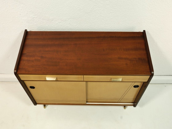 Image 1 of Vintage 1960s shoe cabinet, mid-century shoe chest, mahogany & birch, sliding doors, Germany